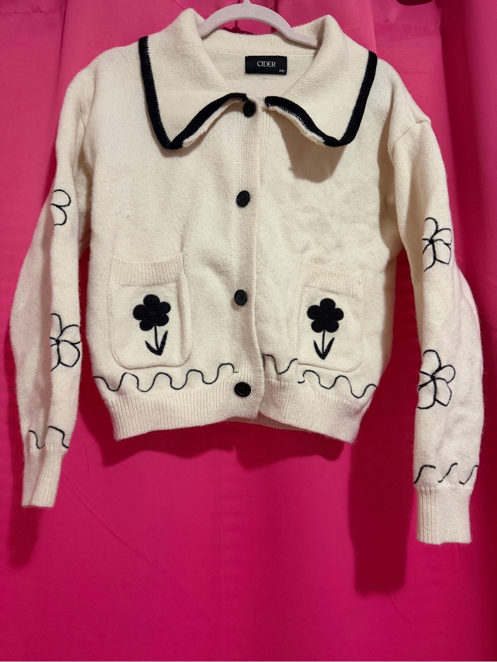 Cider Cream Cardigan with Black Floral Embroidery